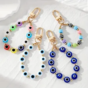Vintage Ethnic Evil Eye Keychain Bag Pendant for Women, Punk Style Resin Blue Beads Circle with Alloy Clasp, Bag Charm & Car Key Ring Accessory
