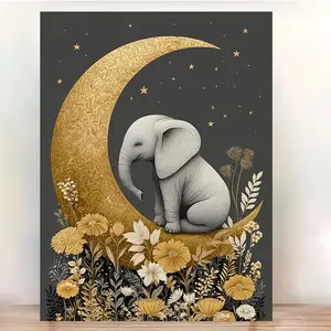 1pc 12x16 Inch Nursery Wall Art with Frame - Grey Elephant on Moon & Stars Night Sky, Golden Accent Botanicals - Gender Neutral Baby Room Decor, Modern Minimalist Nursery Painting for Boys & Girls, Easy-to-Hang Framed Canvas Print, 2D Flat	
