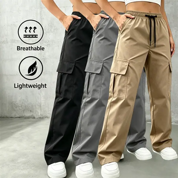 Women's Slim-Fit Elastane Knit Cargo Pants - Elastic Drawstring Waist, Roomy Zippered Cargo Pockets, Casual Long Bottoms for Everyday & Outdoor Wear