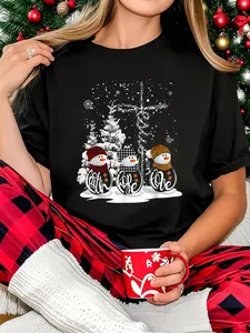 100% Cotton Women T-shirt  Women Christmas T-shirt Funny Christmas 2025 Faith Hope Love Snowman Christian Cross T-Shirt Print Round Neck Short Sleeve T-Shirt For Women Casual, Summer, Women Top Graphic Tees Women Tops