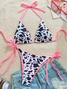 Soleia 2pcs/Set Women's Vacation Cow Print Contrasting Magenta Reversible Halter Tie Bikini, For Summer Beach