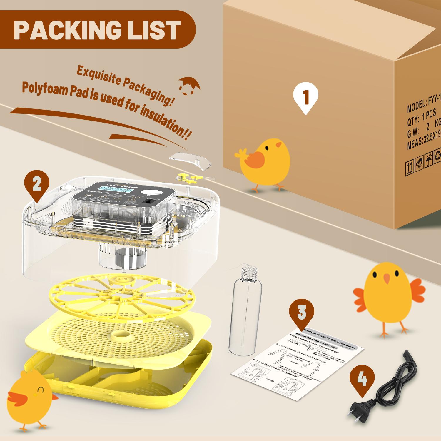 12 Egg Incubator for Hatching Eggs, Egg Incubators with Automatic Egg Turning, Temperature and Humidity Control, Egg Candler, Automatic Water Bottle Refill, Incubator for Chicken, Ducks, Goose