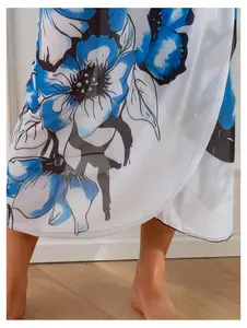 Sheer Mesh Maxi Dress Women  Blue Floral Print Halter Cover Up for Beach, Swimwear, Vacation, Summer, Casual, Lightweight, Flowy, See Through,   one-size