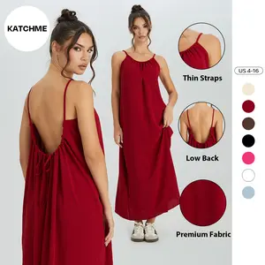 Katch Me COZY Women's Breezy Solid Color Thin Strap Ruched Low Back Loose Maxi Dress, Adjustable Tie Backless Skin-Friendly Dress, Summer Sleeveless Women's Clothing for Beach