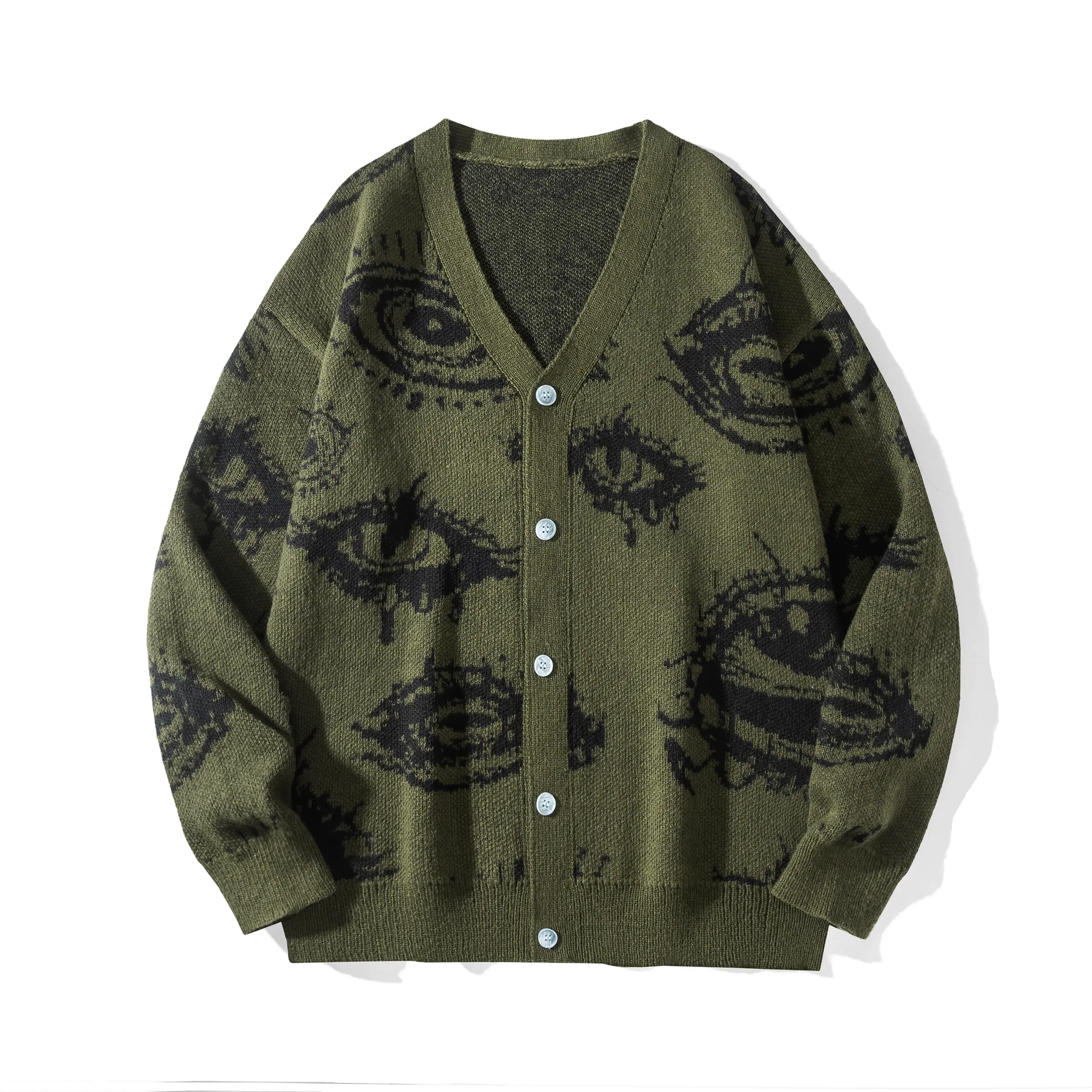 2026 #SummerVibes Fashion New Creative Retro Big Eyes Pattern Design Buttoned Cardigan Long Sleeve Skin-Friendly Versatile Unisex Polyester Knit Sweater, Tops, Knitting