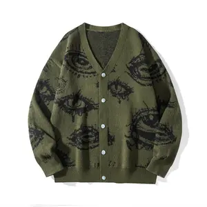 2026 #SummerVibes Fashion New Creative Retro Big Eyes Pattern Design Buttoned Cardigan Long Sleeve Skin-Friendly Versatile Unisex Polyester Knit Sweater, Tops, Knitting