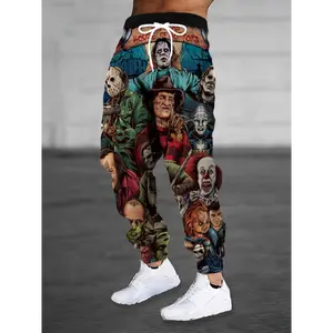 Loose Fit 100% Polyester Graphic Print Joggers - Men's Casual Horror Movie Trousers with Pockets, Slight Stretch, Regular Length