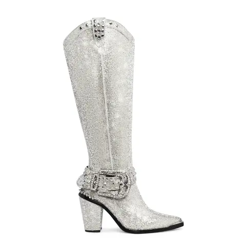 Sharp Sheriff Shine Knee High Boots - Silver