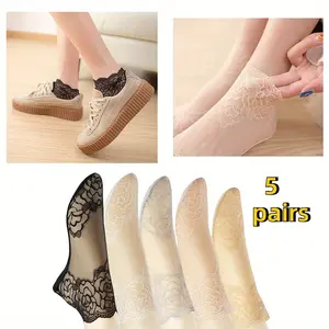 5Pairs Lace Mesh Ankle Socks for Women - Soft & Breathable Ruffle Socks Women - Fishnet Ankle Women Socks Comfortable Cotton compression non-slip bombas Cushioned Silk Womenswear Ballet Polyester