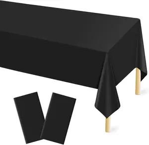 2 Pcs Black Plastic Tablecloth for Rectangle Table, 54 × 108 inches Disposable Black Party Table Cove