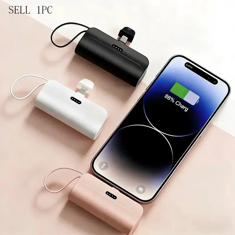 5000mah Portable Mini Power Bank, Capsule Pocket Charger with Type-C Cable, Compact Emergency Backup for iPhone and Android, Mobile Phone Charger