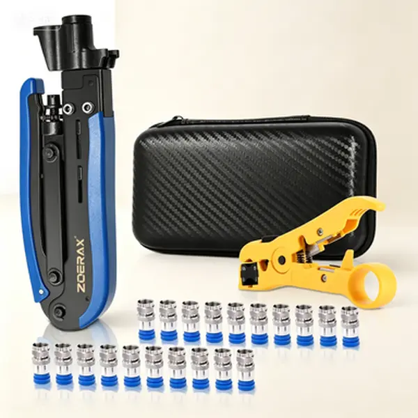 Professional Compression Tool Kit with Wire Stripper and 20 Connectors for RG6 RG59 RG11 Coaxial Cables, Coax Cable Crimper for TV Internet Satellite Installations, Home Networking Tool, Easy to Use, Durable