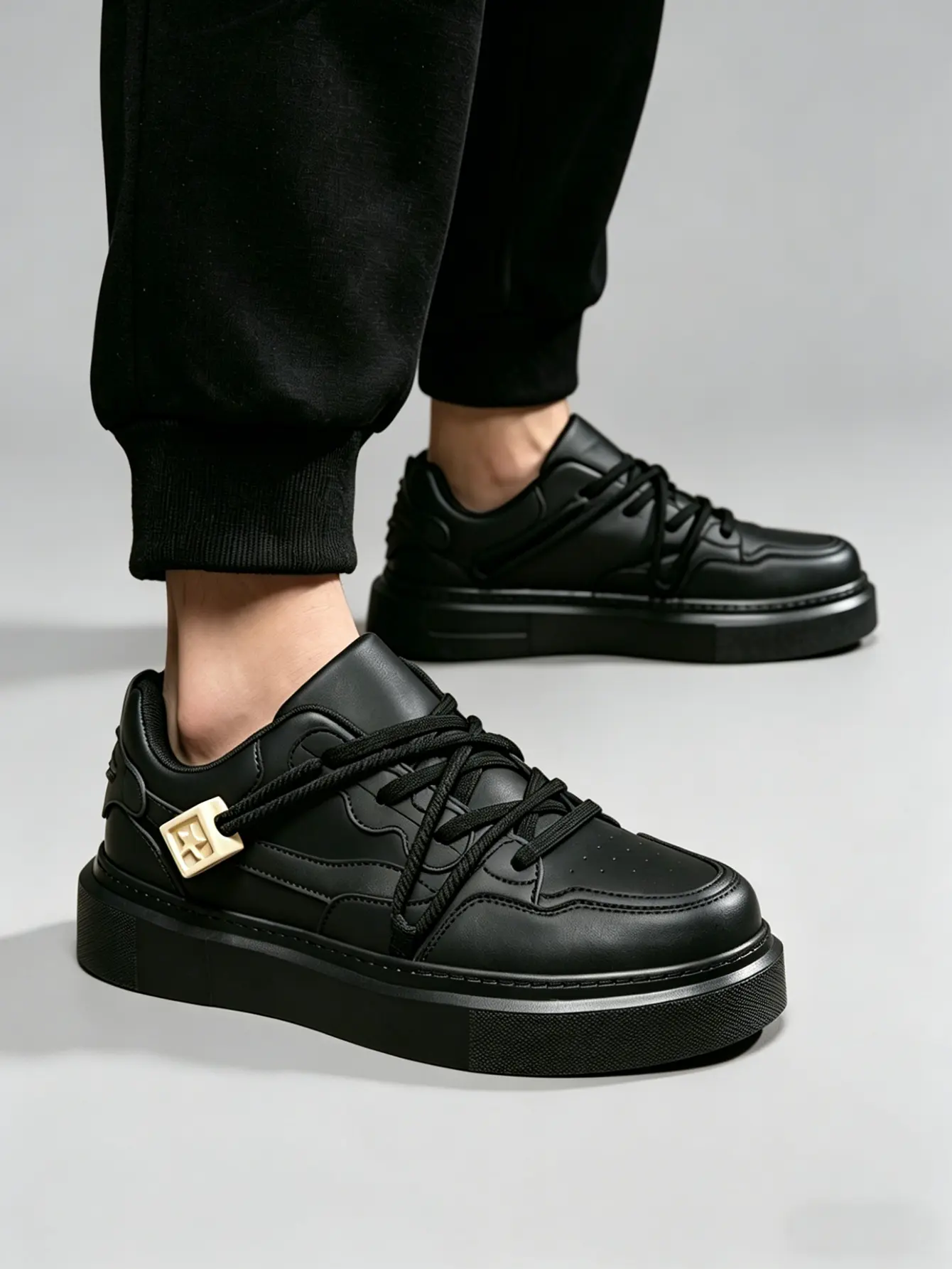 Men’s All-Black Closed Leather Platform Skate Sneakers - Customizable Lace, Dual Laces, Square Star Buckle, Minimalist, Water-Resistant, Height-Boost, All Seasons, Ankle-High, Affordable Men's Shoes Casual Trainers