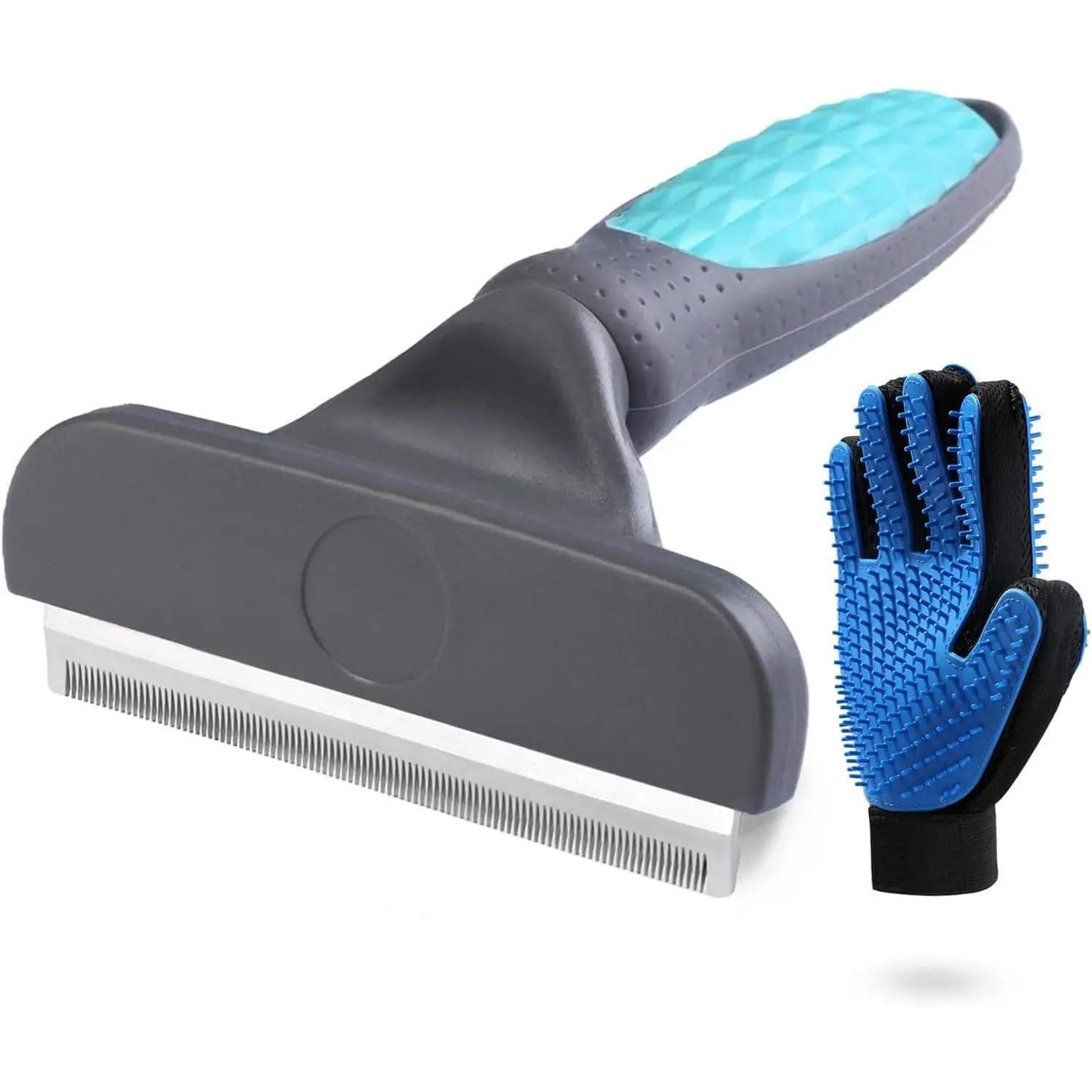 2PCS Pet Grooming Brush Set, Undercoat Deshedding Tool & Double-Sided Silicone Glove for Dogs, Cats & Horses - Gentle & Effective Loose Hair Removal, Shedding Reduction, One Size, Adjustable Wrist Strap
