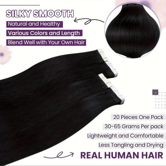 20PCS 30g Double-Sided Seamless Tape-In Real Human Hair Extensions, Natural Black #1B Straight 12-28 Inches, Premium Reusable Long-Lasting Hair, Easy Application & Gentle On Hair