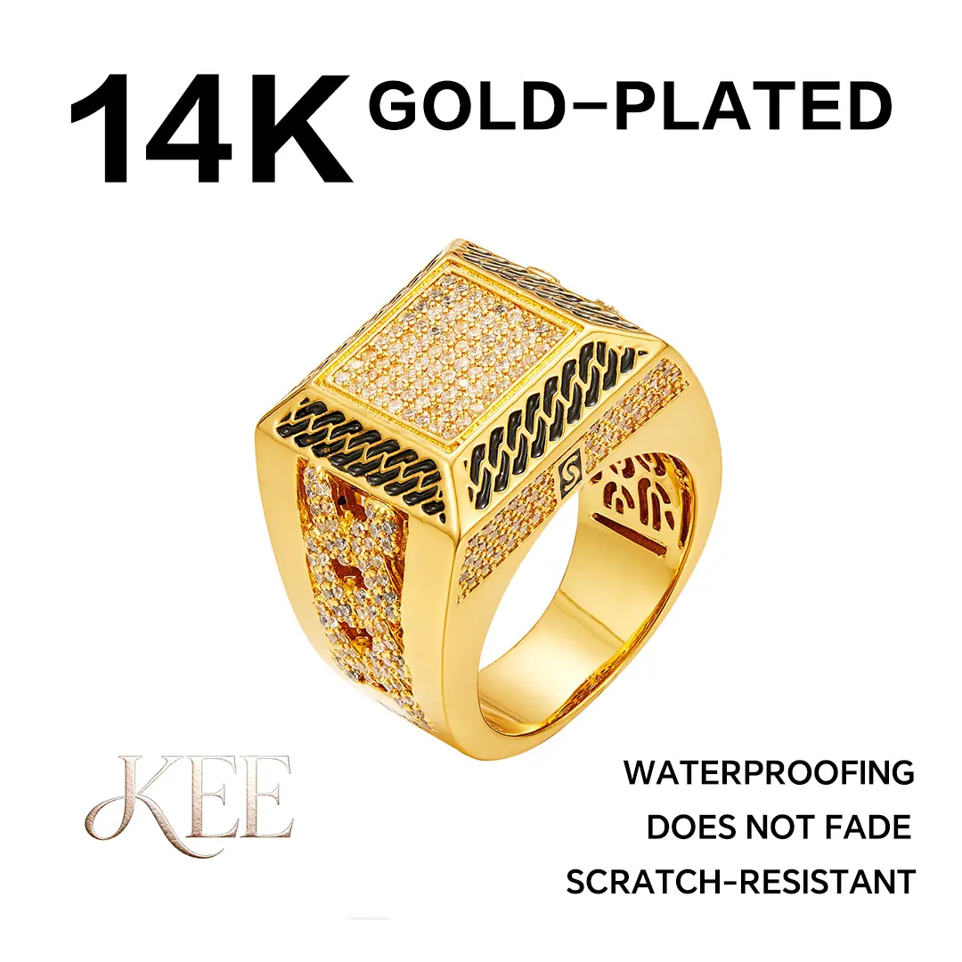 14K Gold Plated Cuban Link Ring Iced Out Gold Statement Ring CZ Simulated Diamond Stackable Ring Unique Hip Hop Square Eternity Bands for Women and Men