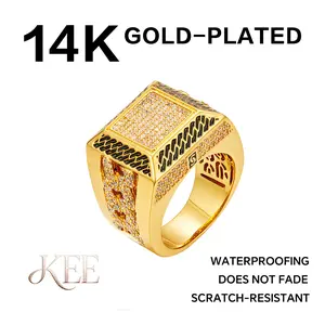 14K Gold Plated Cuban Link Ring Iced Out Gold Statement Ring CZ Simulated Diamond Stackable Ring Unique Hip Hop Square Eternity Bands for Women and Men
