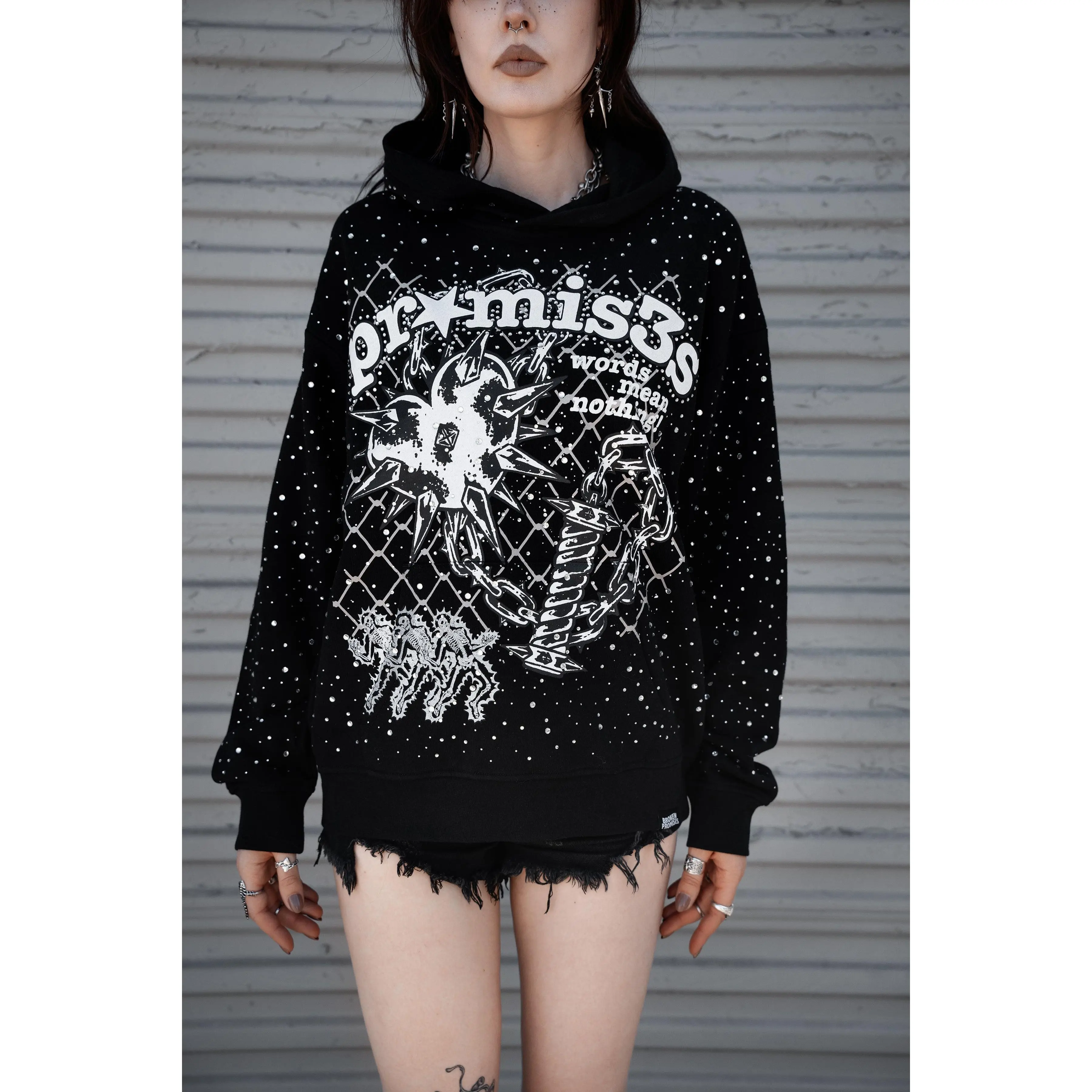 Pain and Pleasure Rhinestoned Hoodie Black