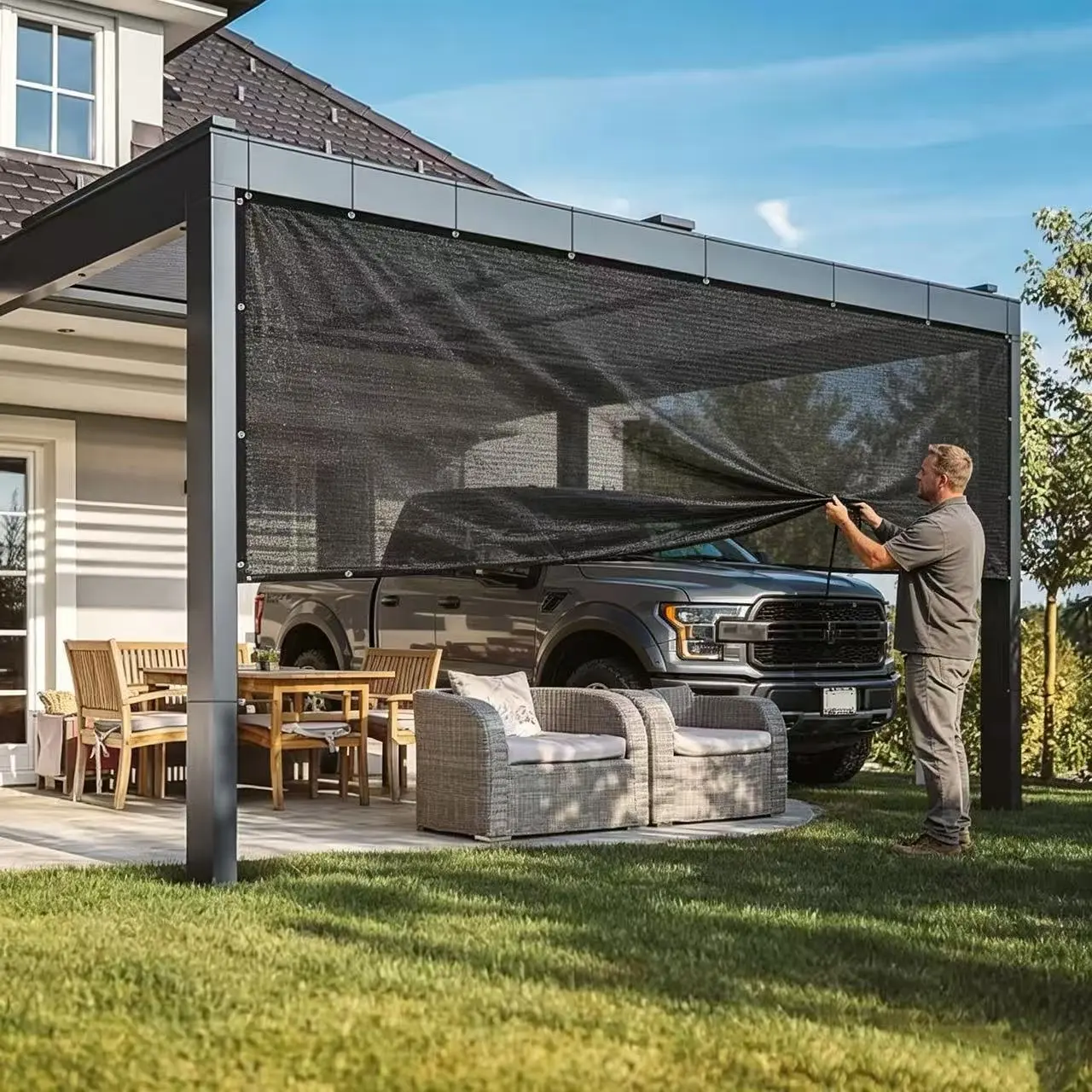 10x13ft Outdoor Black UV-Resistant Sunshade Net with Snap Fasteners - Double Pocket Mesh Canopy Sun Shelter, Eco-Friendly Privacy Screen, Foldable, Stable, Outdoor Sun Shades for Patio
