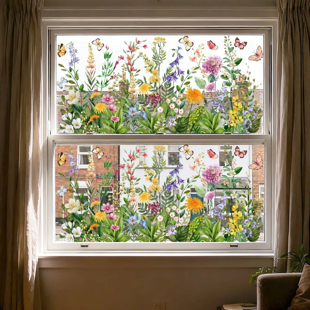 A set of two (30*60cm*2pcs) new spring butterfly plant flower cluster window stickers, Floral Pattern Sticker, static adsorption glass window, home decoration and beautification, Window Decorations Supplies D13550*2 Decorative Stickers Decoration Items