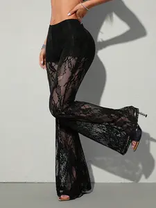 Women Solid Color Lace Culottes Sexy See-through Stretch Pants Dressy Causal Clothes Spring Summer Trendy Outfits