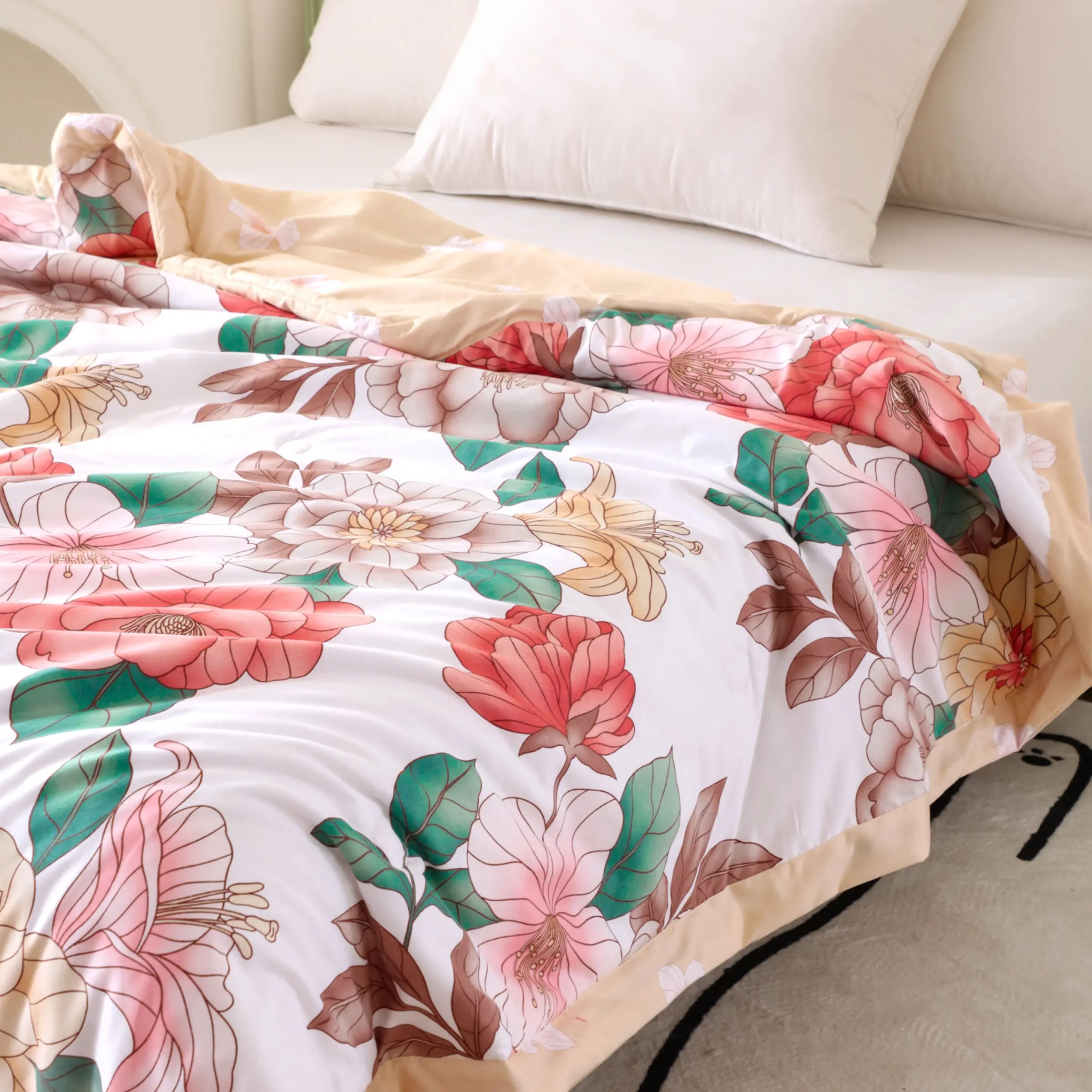 1pc Vibrant Floral Washable Cotton Summer Cooling Quilt, Precise Stitching Craftsmanship, No Shrinkage, Suitable for Single & Double Beds, Floral Print Quilt