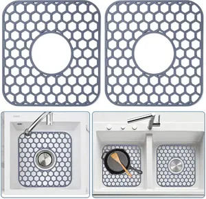 2 Pack Silicone Sink Protectors for Kitchen Sink - 12" x 11" Kitchen Sink with Center Drain Accessory, Non-Slip Heat-Resistant Mat for Bottom of Porcelain Stainless Steel, Dishwasher Safe