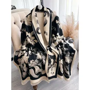 Women’s boho-style scarf featuring floral, houndstooth, and checked patterns—a casual, trendy, warm shawl for fall and winter; a fashionable double-sided scarf for everyday wear