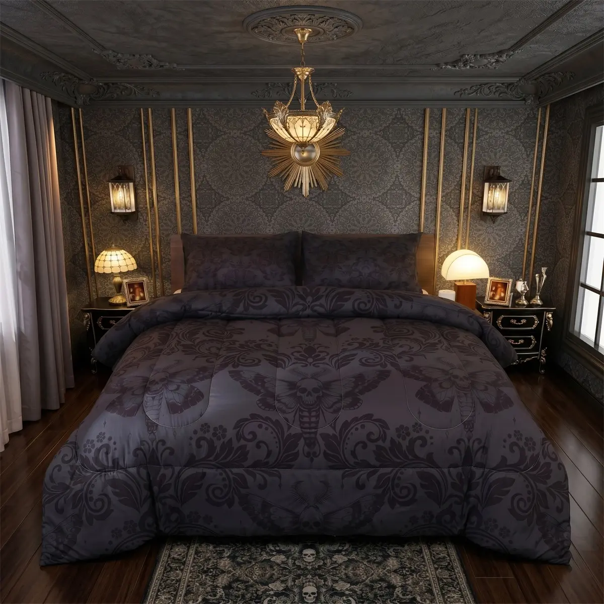 Feelyou Queen Comforter Set King - Gothic Black Damask Bed Cover Set, Death Moth Boho, Goth Skull, Vintage Victorian Baroque Floral Bedding with Dark Trim Quilt, Aesthetic Room Decor, Vintage Home Decor