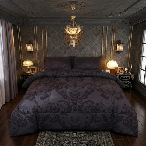 Feelyou Queen-King Gothic Black Damask Bed Cover Set - Soft Microfiber Moody Bedding, Death Moth & Goth Skull Prints, Vintage Victorian Baroque Floral Bedding, Dark Trim Quilt, Machine Washable, Cozy Rest Aesthetic Duvets & Sets, Room Decor