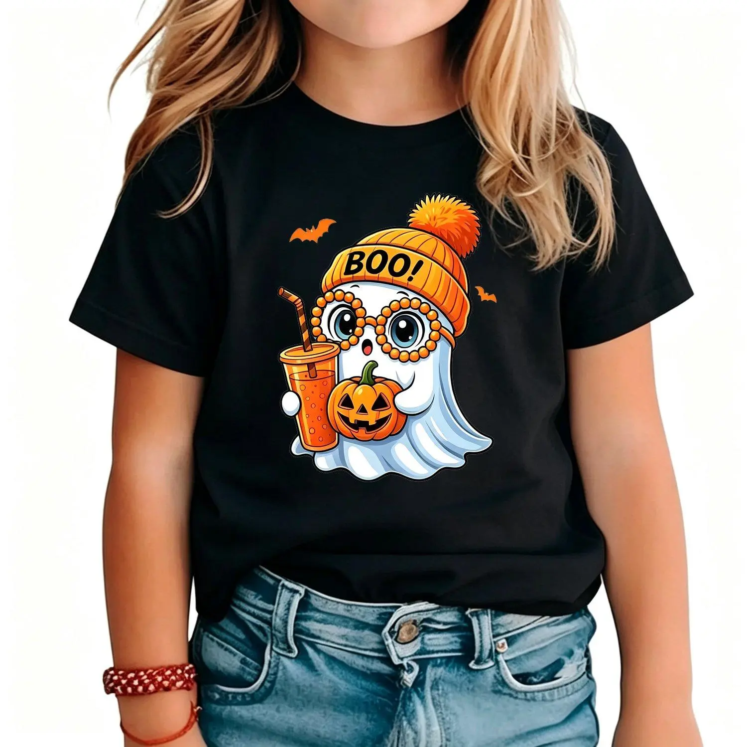 Girls' Short-Sleeve Soft Cotton T-Shirt - Kids Clothing Girls, Round Neck, Boo Orange Plush Hat & Beaded Glasses Set, Easy Wash, Machine-Washable, Year-Round Casual Outfits & Playdates
