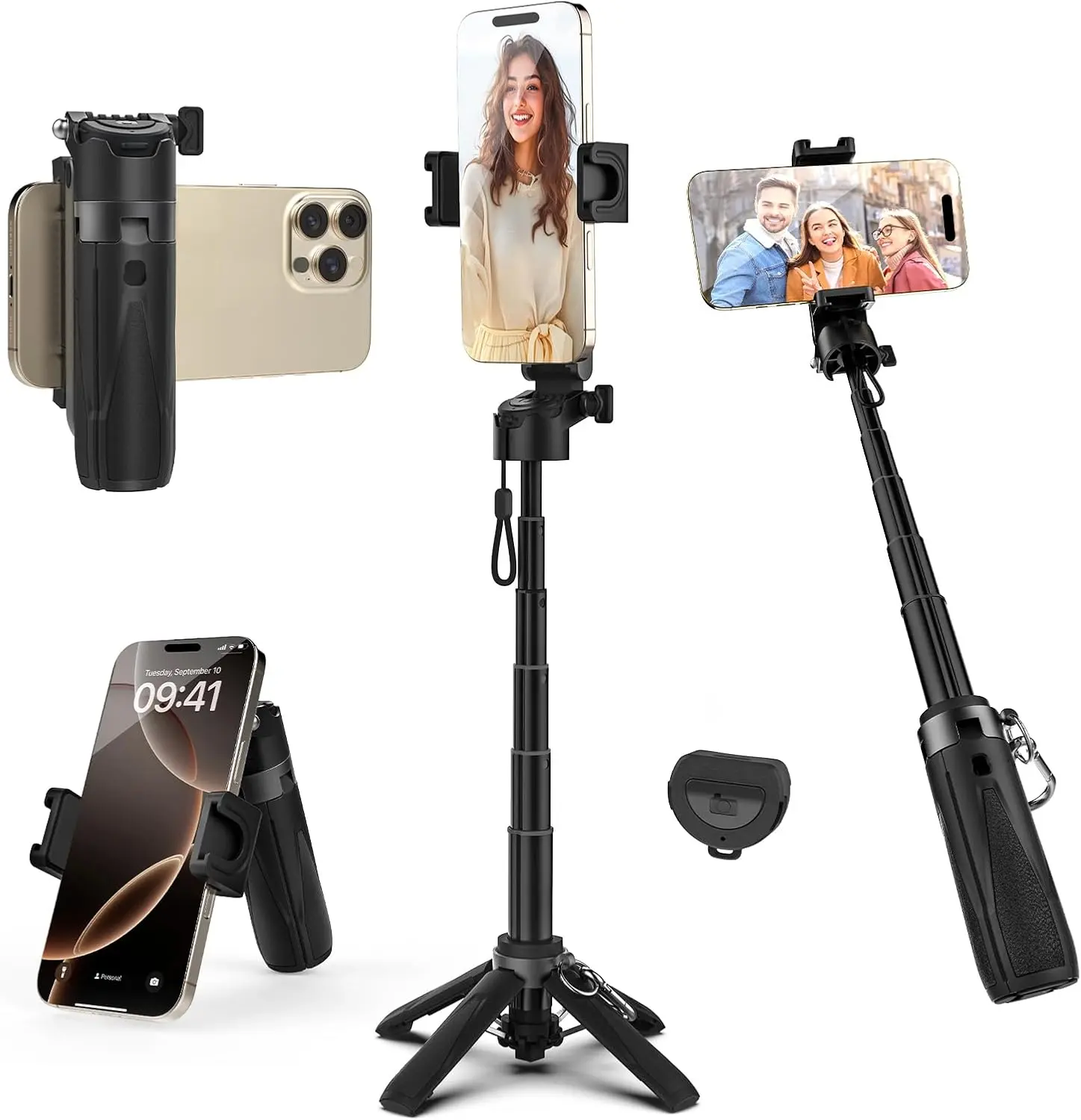 Minin Portable Selfie Stick Tripod with Remote【Pocket Size】 4-In-1 Extendable Cell Phone Tripod【360° Rotation】 Mini Selfie Stick for Iphone Android Phone Holder for Video Recording Live Streaming
