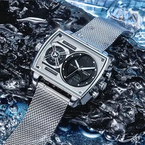 FEICE Mens Square Qaurtz Watches-Big Face Two Time Zone, Waterproof Chronograph, Alarm,Date, Stainless Steel Band Digital Analog Watch for Men