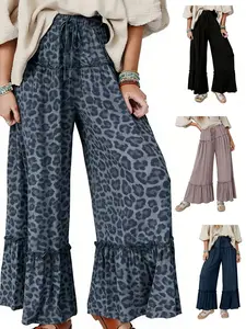 Four-Season Leopard Print Drawstring Waist Wide-Leg Pants, Layered Ruffle Bell Bottoms, Loose Fit Casual Long Pants S-Xxl