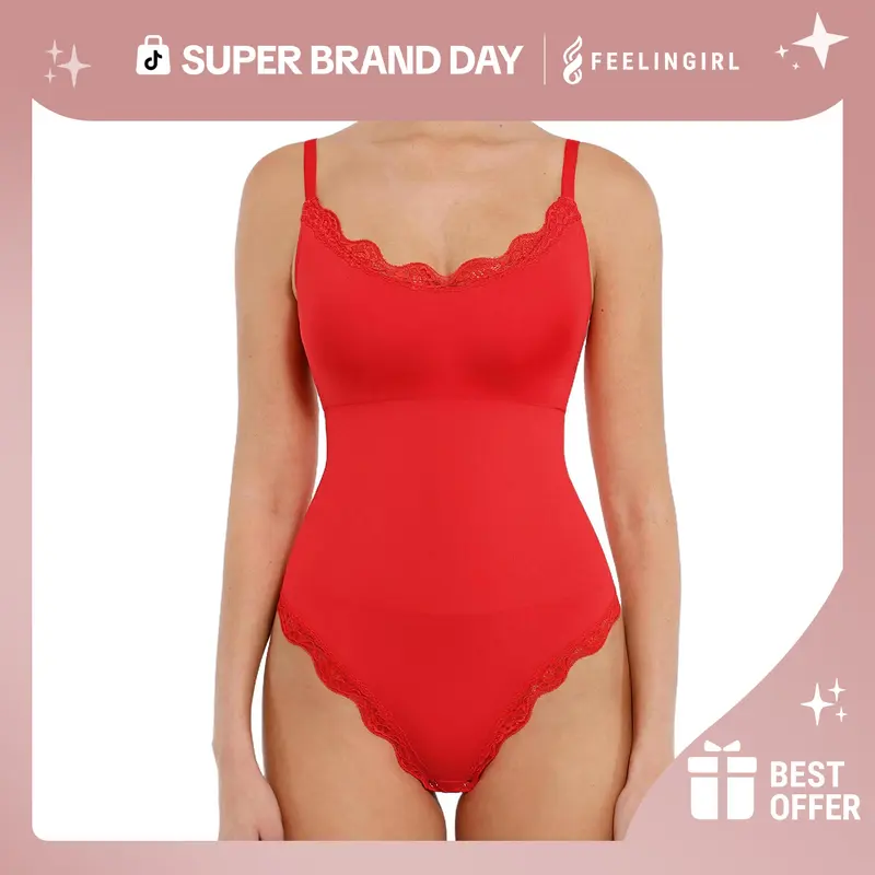 FeelinGirl Women Lace Bodysuit Scoop Neck Sleeveless Cami Spaghetti Strap Tank Tops Shapewear Body Suits Gift Womenswear Comfort TiktokSuperBrandDay