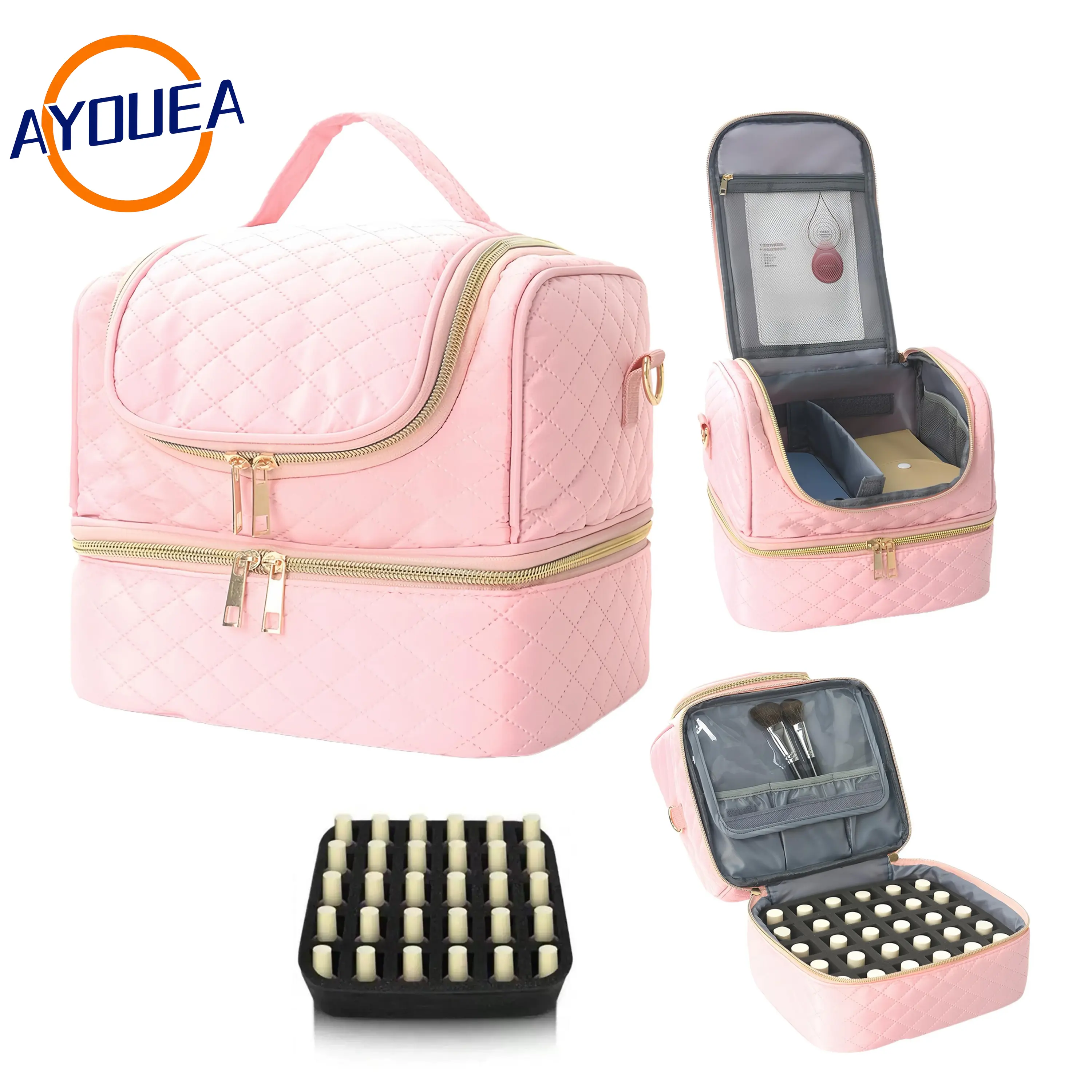 Double Layer Portable Nail Polish Makeup Organizer Bag Quilted Water-Resistant Storage Design Travel Case for Manicure Tools & Accessories Lightweight Easy-Clean Nylon Girlfriend Gift Makeup Case Jewelry Organizer Box - Handheld Cosmetic Pouch Minimalist