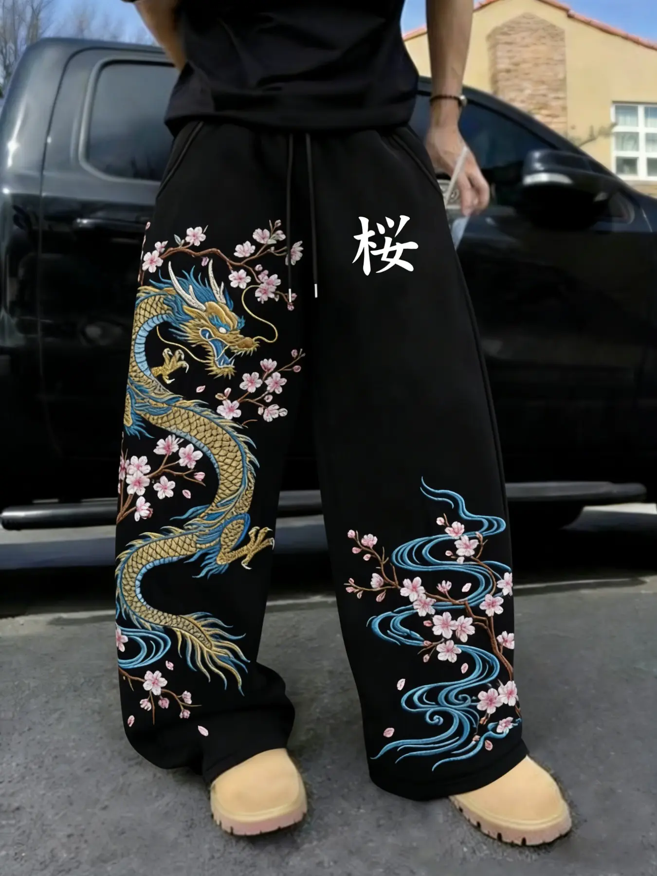 Men's American High Street Loose Wide Leg Pants, Dragon Print Floral Drawstring Waist Casual Sportswear, All Season Fashion Long Trousers, Casual Sporty Trousers
