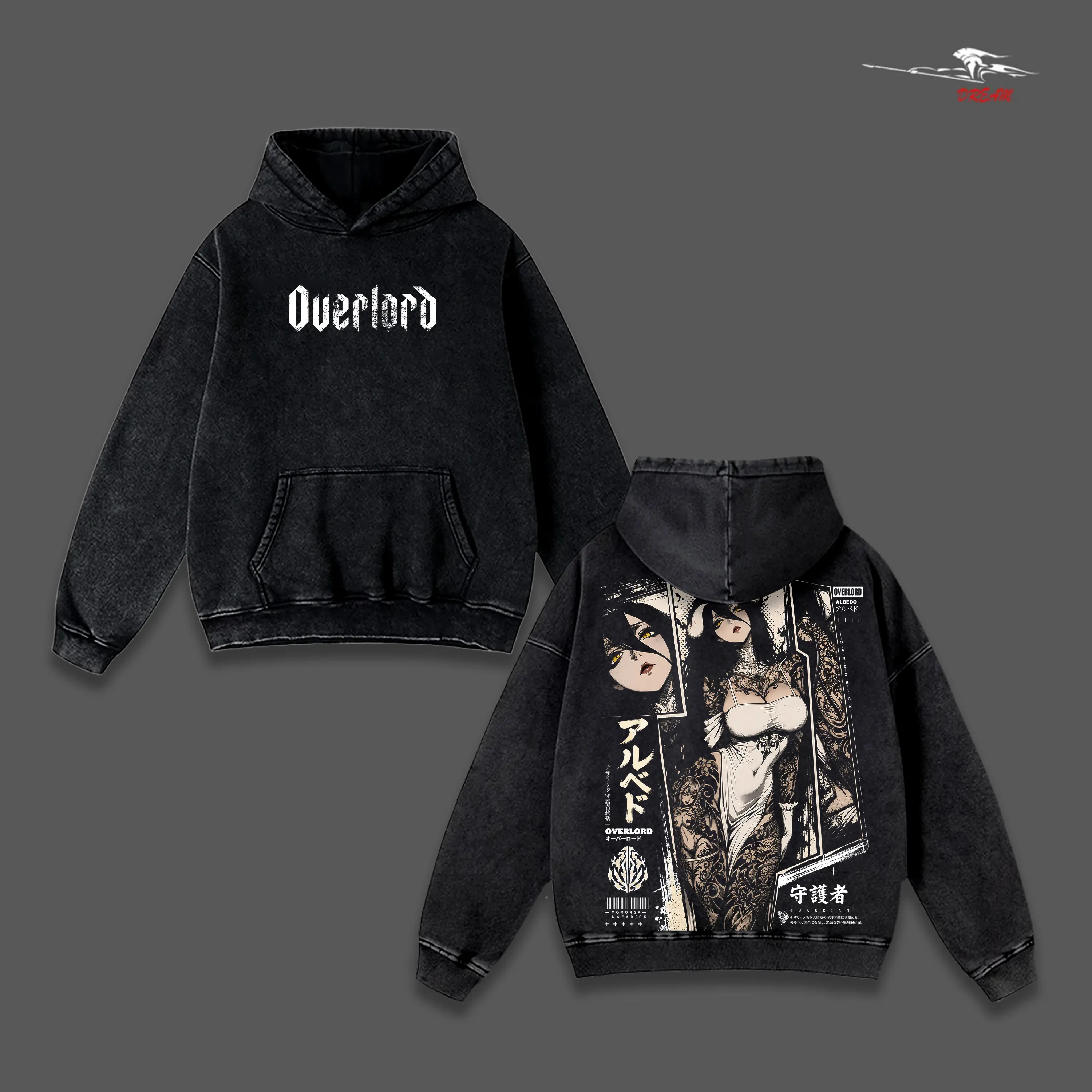 Albedo Overlord Anime Double Printed Vintage Washed Hoodie Unisex Oversize Anime Manga Washed Heavyweight Cotton Hoodie