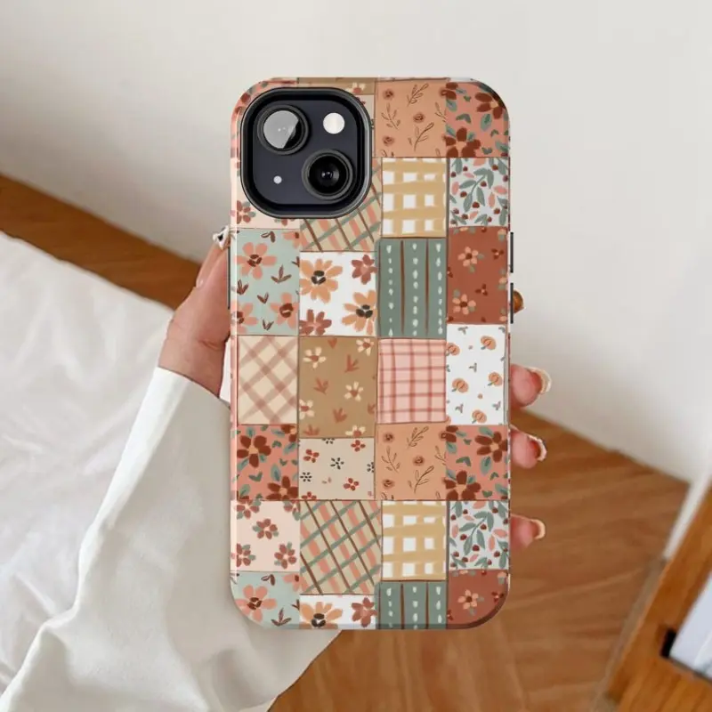 Fall flowers cozy season, pixel design, patchwork floral garden rugged 2 in 1 phone case, with durable, shock-absorbing, stylish design. Compatible with iPhone 17 16 15 14 13 12 11 Pro Max Pro Plus Samsung Galaxy S25 S24 S23 Ultra