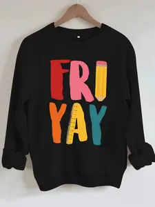 Women's Friyay Friday Slogan Sweatshirt, Letter Print Casual Round Neck Pullover, Soft Spring & Fall Essential