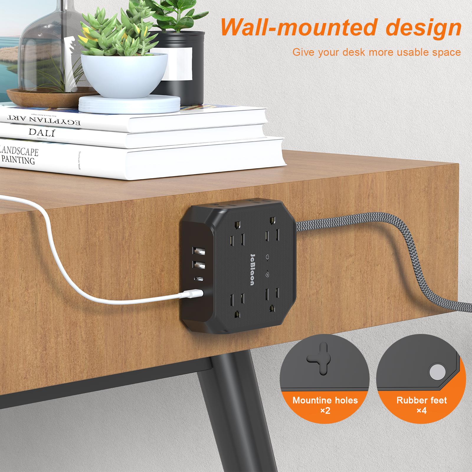 ETL-Certified Surge Protector Power Strip - 10FT/15FT Braided Extension Cord, 3-Sided Square Shape Outlet Extender, 8 Outlets & 4 USB Ports (2 USB-C) for Home Office, Black