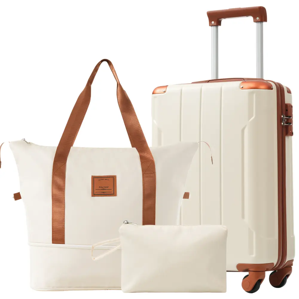 Hardshell Luggage Sets 3 Piece Carry-on Suitcases with Wheels TSA Lock for Men Women White Brown 20in Travel Duffle Bag & Toiletry Bag 3-Level Telescopic Handle Expandable Weekender