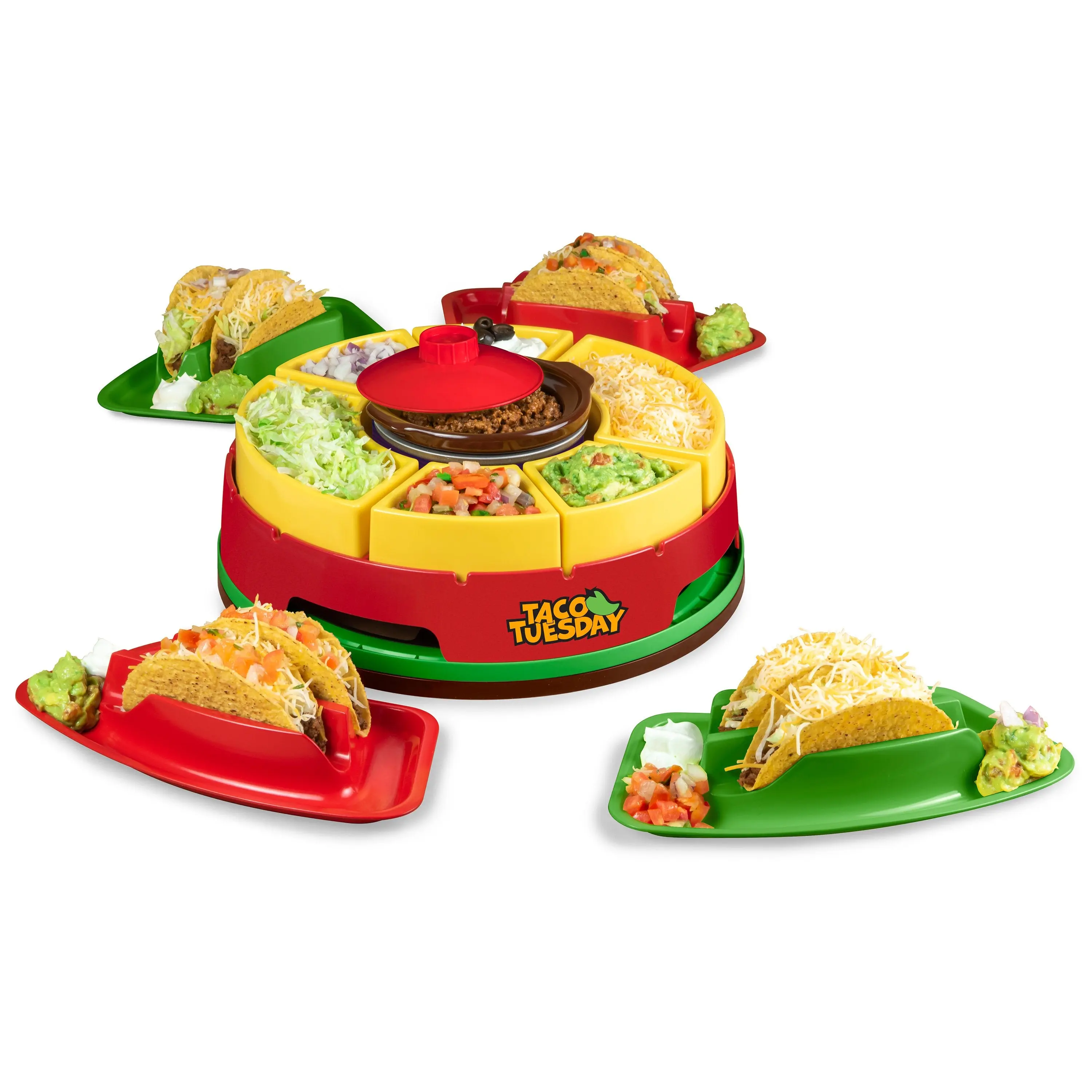 Taco Tuesday Heated Lazy Susan Taco Bar with Removable Warming Pot 6 Topping Trays & 4 Taco Holders for Easy Cleaning and Sharing