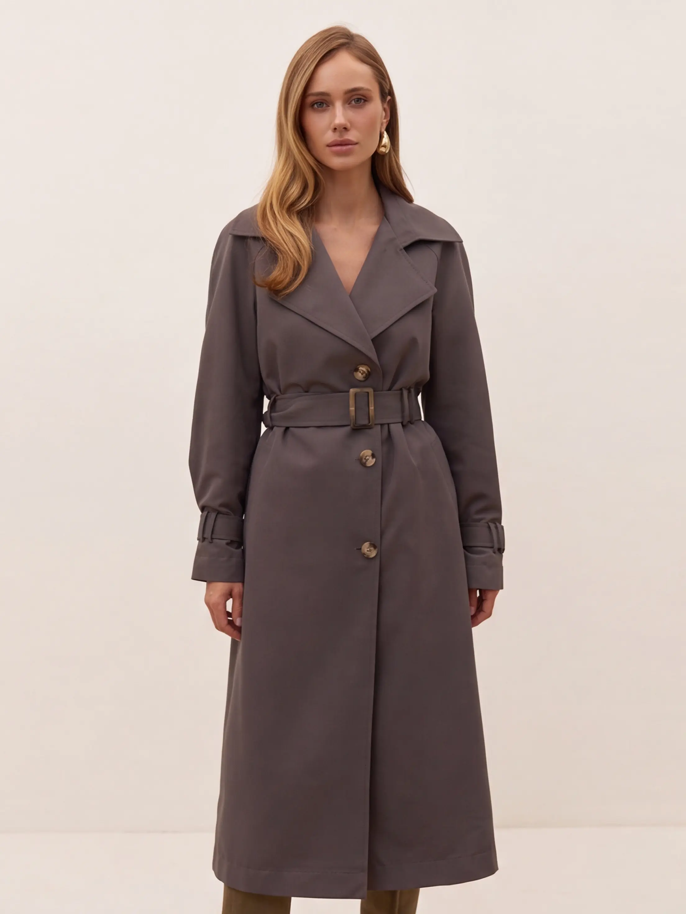 Gray Belted Noir Trench Coat by FemeAdor Double Breasted Women's Coat - Quiet Luxury Fall Winter Outerwear