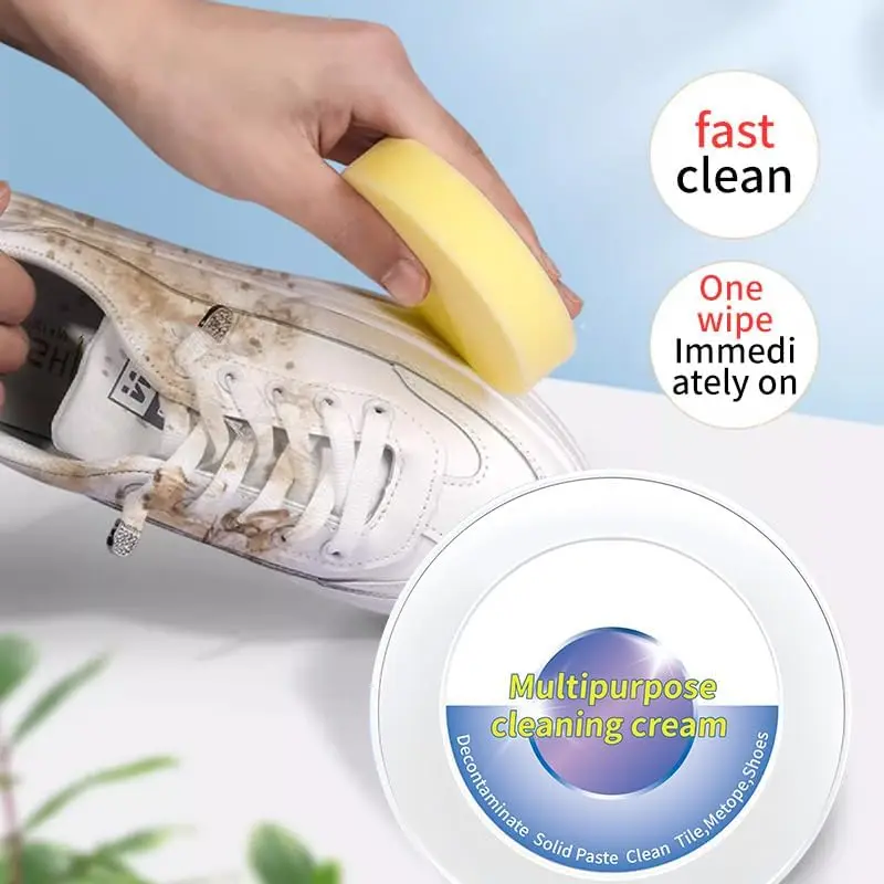 White Shoe Cleaning Paste Kit with Sponge for Leather & Canvas Sneakers - Easy to Use No-Rinse Stain Remover, Wipes Away Stains for Home & Travel, Furniture, Car Interiors, Multi-Use, Solid Paste, Shoe Care Kits