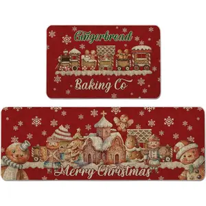 Christmas Kitchen Rug Gingerbread Family Red Kitchen Mat Set of 2 Merry Christmas Winter Farmhouse Party Floor Mat for Home Kitchen Bathroom Decorations -2PC-28x17''+48x17''