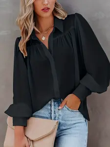 Vintage Bubble Sleeve Basic Shirt, Retro Style Women's Blouse, Casual Fashion Top, Long Sleeve Drop Shoulder Design, Balloon Sleeve, Button Down Shirt