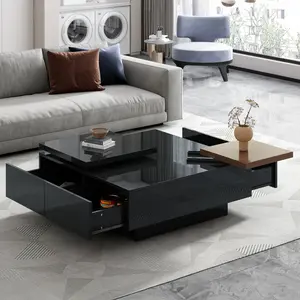 Modern Interactive Coffee Table with Removable Dual-Tone Tile Top & Hidden Storage - Adjustable 31.5" to 40.9" Square Design, 4 Smooth-Drawer Organization (99lb Capacity, Easy Assembly)