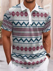 Men's Geometric Print Short Sleeve Shirt, Casual Fitted Design Polyester Fabric, Lightweight Breathable Top for Daily Wear and Golf Apparel Sports, Golf Polo Shirt