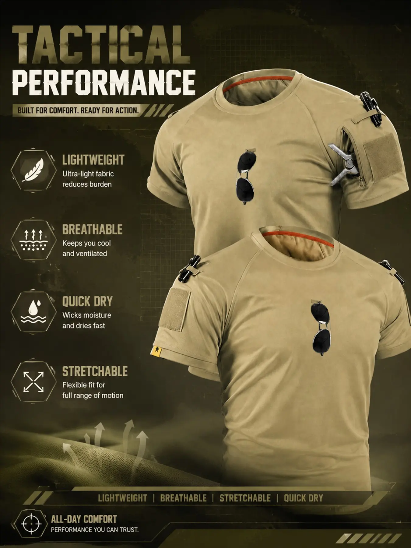 Men's Tactical T-Shirt, Round Neck Short Sleeve, Breathable Sports Tee, Quick-Dry Breathable, Outdoor Training Top, Athletic Training Tops, Multi-Function Zip Pockets, No Accessories Included, Dry Fit Active, Athletic Workout Tees